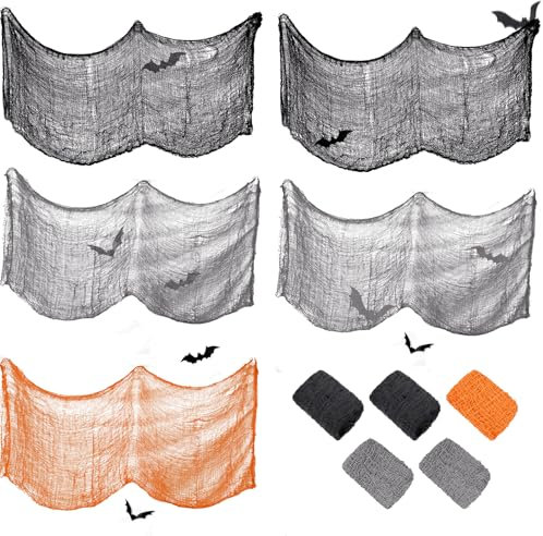 5 Stück 183 x 76 cm Halloween Gaze Stoff Deko gruselig käsetuch passiertuch Cheesecloth mit 12 3D Fledermäuse, Halloween türdeko und Party Decoration Innen Außen