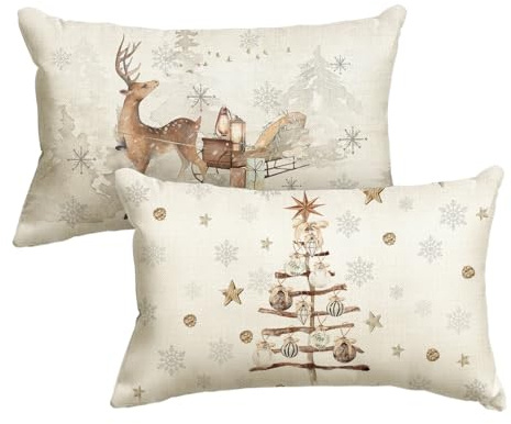 Artoid Mode Schneeflocken Bäume Geschenke Rentier Weihnachten Kissenbezüge 2er Set, 30x50 cm Christmas Stern Zierkissenbezug Cushion Cover Couch Deko