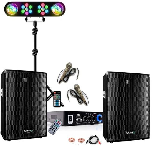 LTC - Pack Sono Karaoke Ampli Stéréo Bluetooth USB SD LTC MFA1200USB-BT-BL 2x50W - 2 Enceintes Ibiza 2x300W - 2 Micros - Pied Lumière DJ