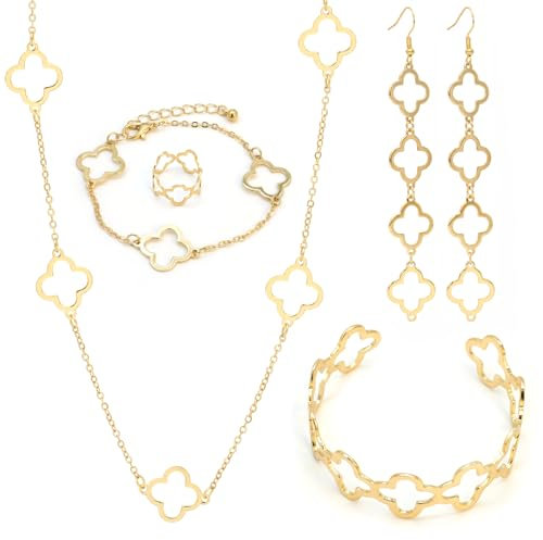ZENGSING Vierblättriges Kleeblatt Schmuckset für Damen und Mädchen, Gold Anhänger Ohrstecker Ringe Armreif Armband Kettenarmband Set, Geschenke zum Muttertag Geburtstag Weihnachten