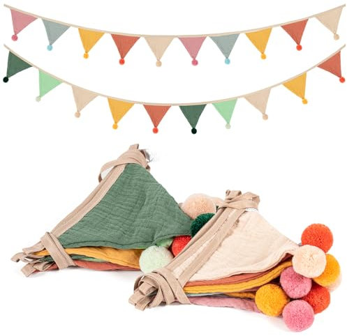 Wimpelkette Kinderzimmer,Musselin Baumwolle Stoff Wimpelkette,Girlande Kinderzimmer Deko zum Aufhängen, Hausbett Deko Mädchen & Jungen,Wanddeko Geschenk,Babyzimmer Dekoration (Candy Grün + Beige)