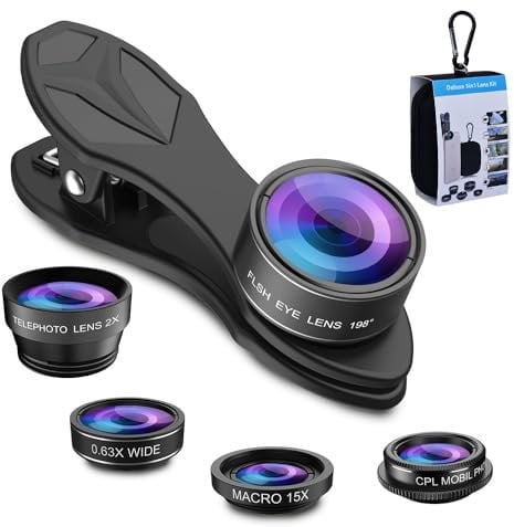 APEXEL 5-in-1 Handy-Objektiv-Set,0.63X Weitwinkelobjektiv und 15X Makroobjektiv + 198° Fischaugenobjektiv + CPL + 2X Teleobjektiv, kompatibel mit den meisten Smartphones