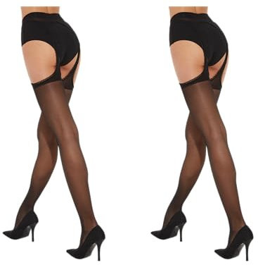 Fiore Collant ouvert femme effet porte-Jaretelles sexy en voile 20 DEN soyeux – S, M, L, XL - Noir - T3 - lot de 2