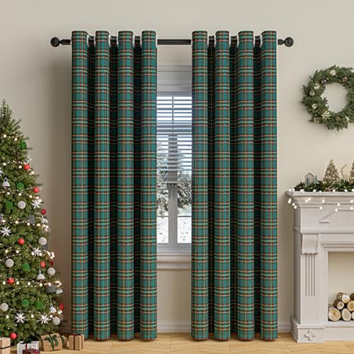Tokusyou Kariert Vorhänge Blickdicht Gardinen Karo Muster Landhausstil Vintage Grün Gelb Baumwolle und Leinen Vorhang mit Ösen Weihnachten Dekoschal für Wohnzimmer Schlafzimmer, 1 Stück H160 X B132cm