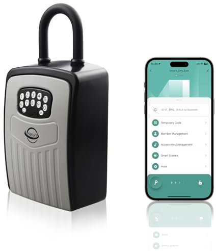 SISAV Smart Bluetooth Key Lock Box,Remote Access via App/Code,Resettable 6-Digit Combination,Large Capacity for 5 Keys,Wall-Mounted,No WiFi Needed,Grey(with Shackle)