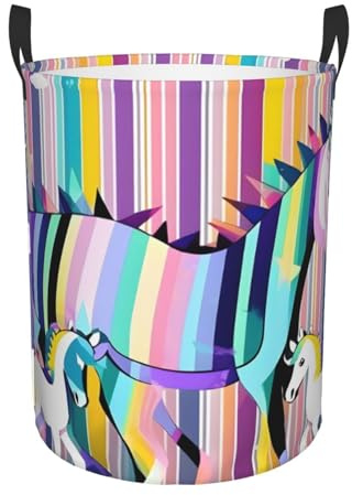 Unicorns On Colorful Stripes print Laundry Basket Round Storage bin Storage Basket Laundry Hamper Clothes Toys