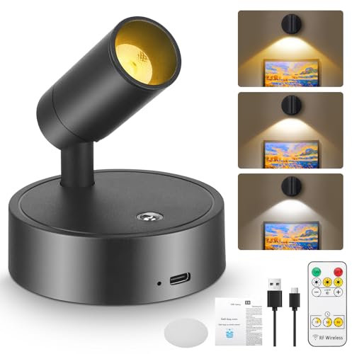 Gxpjycfob Rechargeable Spot Lights with Remote-Battery Operated,3000K/4000K/5000K Dimmable Magnetic Picture Lights, 5 Timer Settings,Indoor Stick-On Magnetic Wall Lights for Art,Photos,Plants,Bedroom