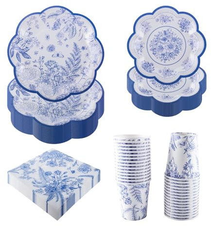 PHUNAT Servizio da tavola vintage per 30 ospiti, piatti di carta, tovaglioli e bicchieri di carta smerlati blu e bianchi, eleganti stoviglie per tè pomeridiano, compleanni, addio al nubilato e feste