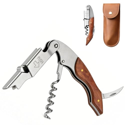 Satiskid Cavatappi professionale in acciaio inox con custodia in pelle, apribottiglie in acciaio inox 3 in 1 con tagliacapsule e apribottiglie, coltello da cameriere tutto in uno per sommelier e