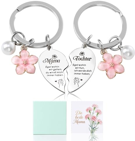 2 Stück Mama Geschenk, Herz Passender Schlüsselanhänger Mama und Tochter | Metall Schlüssel Anhänger mit Geschenkbox und Grußkarte, Blume & Perle Anhänger Design, Kleine Geschenke
