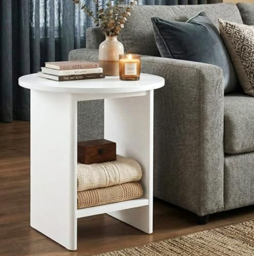 Blisswood White Side Table, Small Round Coffee Table with Open Storage Shelf, Modern 2 Tier End Table Bedside Nightstand, Painted Finish Sofa Side Accent Table for Small Spaces, Living Room Bedroom