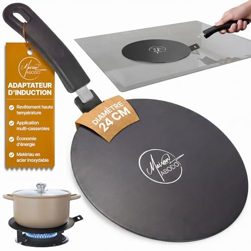 Casa Abodo Placa Adaptador de Inducción 24cm con Mango Extraíble | No Cambie Color | Adaptador Placa Inducción para Ollas Moka, Vidrio & Aluminio sobre Gas y Eléctrico