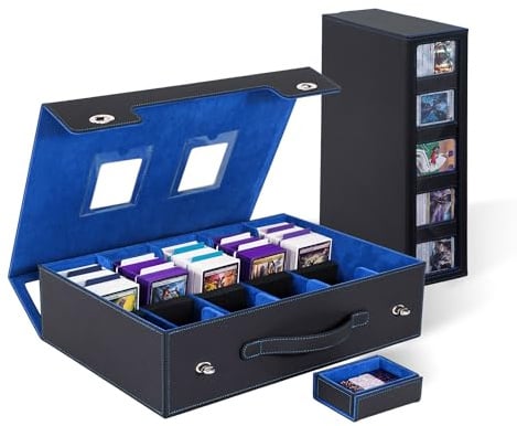 VAULTIS Trading Card Storage Box 3900+ with Portable Handle & Alloy Lock, 5-Row MTG Deck Box with Removable Dice Tray, Commander Display Card Case for Toploader TCG PTCG Sports Cards (Black&Blue)