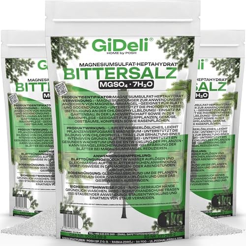 GiDeli Bittersalz Magnesiumsulfat 3 x 1 kg Dünger für Koniferen & Thuja | gegen gelbe Blätter, wasserlösliche Kristalle, getrennt verpackte Portionen, für Blattdüngung und Gießen