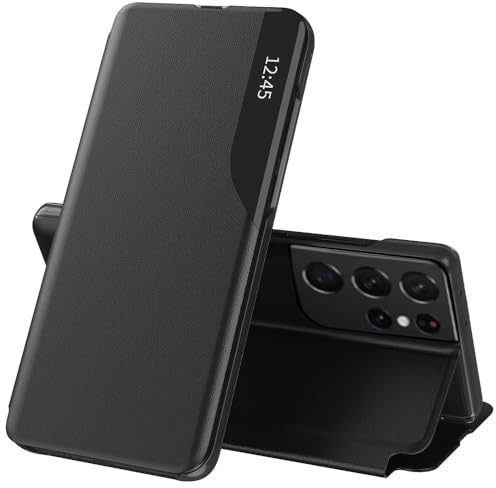 Techsuit für Samsung Galaxy S21 Ultra Klapphülle mit Kartenfach, Standfunktion, Smart View Fenster, Kameraschutz, Kratzfest, eFold Series, PU Leder, Schwarz