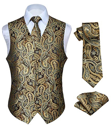 HISDERN Goldweste Paisley herren Blumen Hochzeit Schwarzes GoldWeste Krawatte Einstecktuch Taschentuch Jacquard Abschlussball Weste Anzug Set