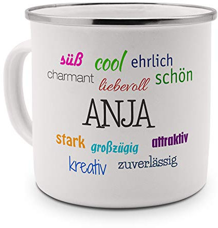 printplanet Emaille-Tasse mit Namen Anja - Metallbecher mit Design Positive Eigenschaften - Nostalgie-Becher, Camping-Tasse, Blechtasse, Farbe Silber