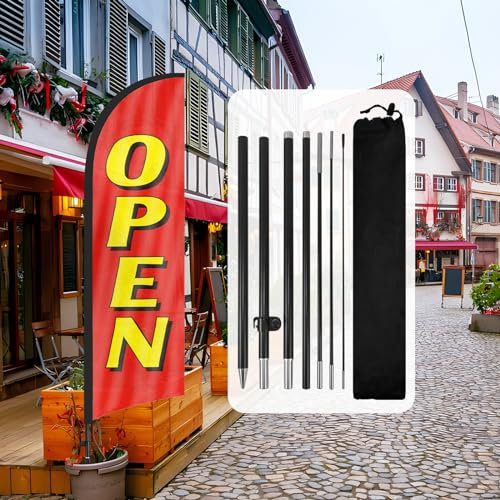 QSUM Open-Federflagge,8FT Open-Werbe-Swooper-Flagge mit Stangen-Set, Erdspieß,Open-Schilder für Unternehmen und Schaufenster