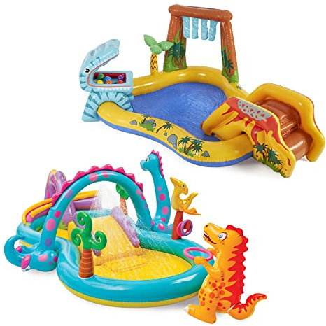Intex Dinoland Play Center Kiddie Aufblasbarer Pool und Dinosaurier Wasserspritzer Schwimmbad mit Wassersprüher, Wasserfällen, Rutschen und Spielen