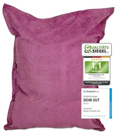 Lumaland Riesen-Sitzsack XXL 140x180cm | Indoor Bean Bag aus weichem & waschbarem Microvelours | 2-in-1- für bequemes Sitzen & Liegen | Mit über 3 Mio. anpassungsfähigen EPS-Perlen [Rosa]