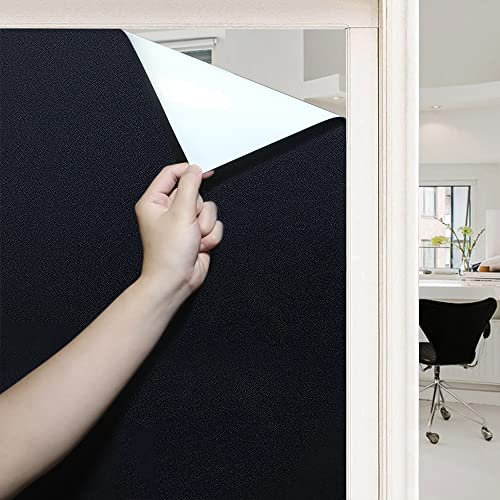 DIFIT Blackout Window Film Privacy Black Frosted Window Film Self Adhesive Blackout Film for Glass Windows Total Light Blocking No Glue Static Cling Blackout Film for Home (Black-White, 90 x 200cm)