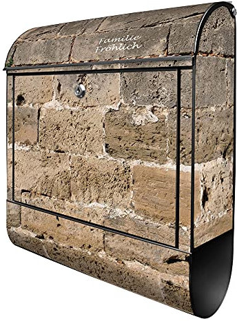 banjado Design Briefkasten personalisiert 38,5x46,5x13cm & 2 Schlüssel - Briefkasten Stahl Schwarz Zeitungsfach pulverbeschichtet - Postkasten A4 Einwurf inkl. Montagematerial - Motiv Steinwand Antik