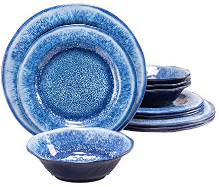 Topmela 12 Pcs Blue Melamine Dinnerware Set, Shatterproof and Dishwasher Safe, Ideal for Indoor and Outdoor Use