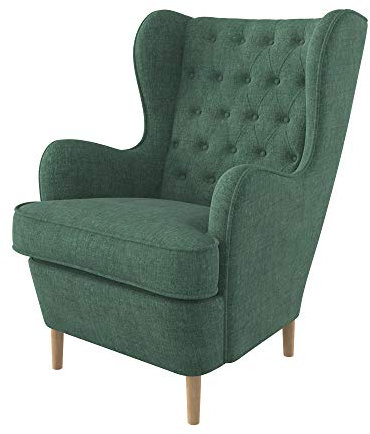Furninero - Ohrensessel, Flügelstuhl, Flügel Sessel, tiefer gepolsterter, Chesterfield-Stil, gerundete Beine, Softi Green Stoff (Wasserabweisen), Grün
