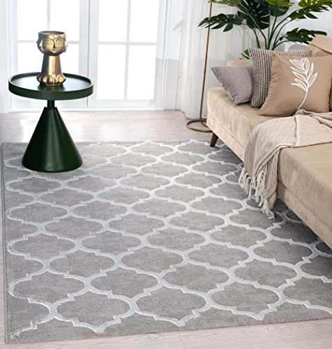 the carpet Knight Eleganter, Hochwertiger, Wohnzimmer Teppich, Softer Kurzflor, 3-D Effekt, Glänzende Design-Elemente, Hoch-Tief Struktur, Grau, 80 x 300 cm
