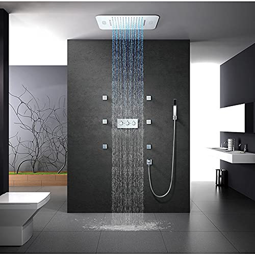 ALYHYB Badezimmer Luxus Chrom Duscharmatur Mischventil-Kombi-Set Verdecktes Regen-Duschkopf-System mit Handbrause und 6 Körperdüsen, 580 x 380 mm Fester Duschkopf mit selbstreinigender Düse