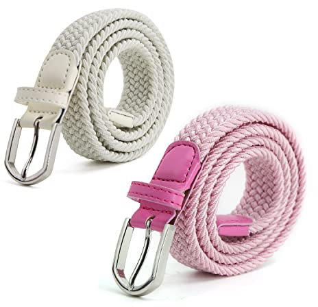 AnJuHoPa Kinder Gürtel Elastik- gürtel stretch Gürtel für Jungen Mädchen,Mehrfarbiger stoffgürtel Damen 2,5 cm breite 80 cm länge mit Metallschnalle (Rosa & Weiß, 2PCS/Länge 80cm)