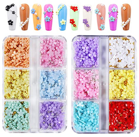 2Boxes 6 Grids 3D Colorful Flower Nail Charms- 3D Nail Flowers Rhinestone with White Pearl &Gold Silver Caviar Beads Mixed DIY Nail Decorations for Acrylic Cherry Blossom Nail Art Design (Colorful A)