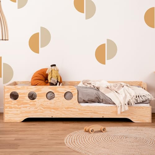 smartwood TILA 5P Kinderbett 80x180 - Montessori Bodenbett mit Lattenrost & Rausfallschutz – Holz Kinder Bett für Jungen & Mädchen – Sicheres und Robustes Montessori Bett