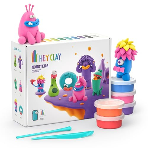Hey Clay - 15 Dosen lufttrocknende Knete für Kinder ab 3 Jahren - Kreatives Bastelset - Modelliermasse lufttrocknend Knete ab 3 Jahre (Die Monster)