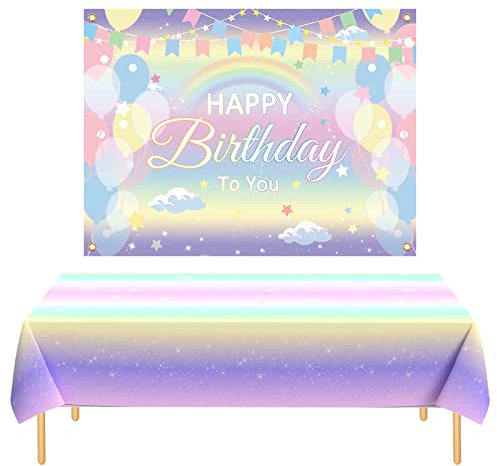 Xinvery Regenbogen Geburtstag Deko,Regenbogen Geburtstag Backdrop Banner Bunt Regenbogen Party Tischdecke Geburtstag Party Dekoration für Kinder Mädchen Jungen