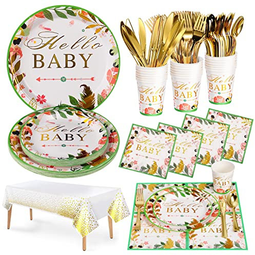 Nkaiso Babyparty Geschirrset, 141 Stück Baby Shower Neutral Partygeschirr Babyparty Geschirr Set mit Grün Gold Papierteller Becher Servietten Geschirr für Baby Shower Geburtstag Deko- 20 Gäste