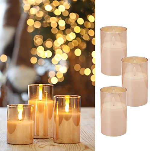 Cepewa LED Echtwachs-Kerze im Glas │3er Set warmweiße LED-Flamme │Flackerfunktion Timerfunktion (EUR€ 1 x 3er Set LED Echtwachskerze gold 7,5x12,5cm)
