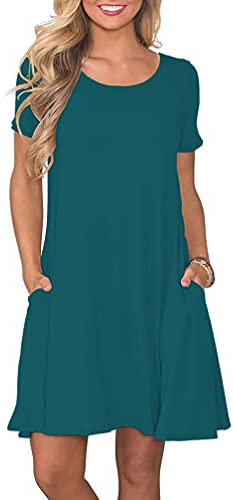 AUSELILY Damen Kleider Sommer Kurzarm Shirtkleider Kurz Sommerkleider Leicht Freizeitkleid mit Taschen DunkelGrün XL