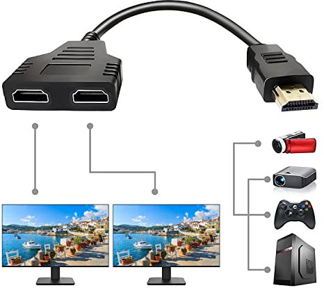 Azuxreza Répartiteur HDMI,Adaptateur Convertisseur Splitter HDMI mâle vers Double HDMI 2 Femelle Y Adaptateur de câble de répartiteur LCD LED HD TV