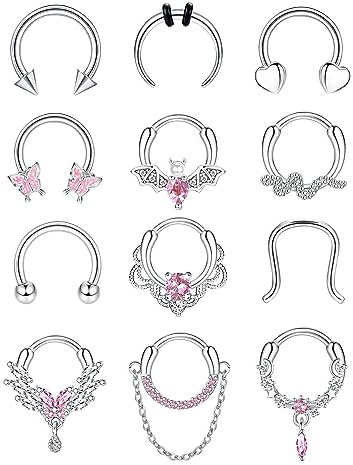 Morfetto 16G Silver Septum Piercing Jewellery Nose Rings Surgical Steel | 12 Pcs Clicker Hinged Septum Ring Set Daith Tragus Helix Hoop Earrings Horseshoe Nose Ring Lip Nose Piercing Jewellery 10 MM