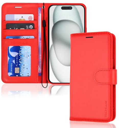 TECHGEAR iPhone 15 Leather Wallet Case, Flip Protective Case Cover with Wallet Card Holder, Stand and Wrist Strap - Red PU Leather with Magnetic Closure for iPhone 15 6.1