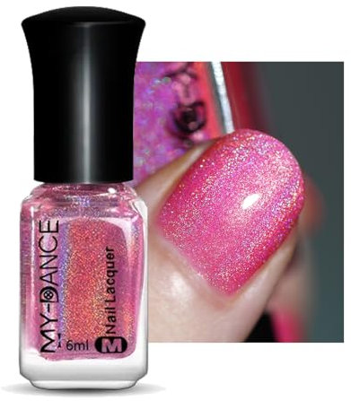 Holographic Nail Polish - Glitter Nail Varnish Quick Dry & Long Lasting Pink Chrome Nail Lacquer Magic Rainbow Laser Effect Nail Paint No Need Cure Gel Nail Polish (6ml)