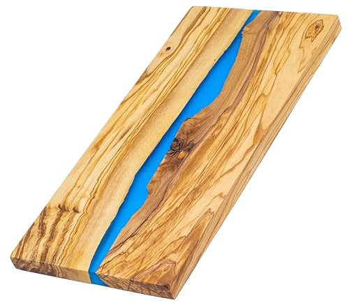 Erreke Olivenholzbrett, Schneidebrett Olivenholz, Olivenholz Schneidebrett, Schneidebrett Holz, Zum Schneiden oder Servieren Geeignet, Grillen Käse Brot, Handarbeit, 38x18x1.5 cm, Epoxidharz Blau