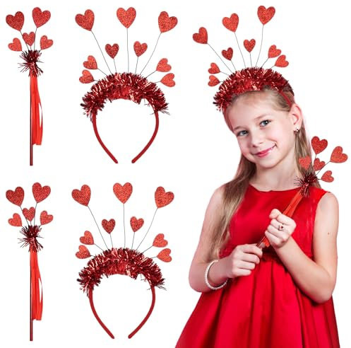 MONCAP 4STK Pailletten Herz Haarreif Valentinstag Herz Stirnband Rotes Herz Haarband Amor Kopfschmuck Stirnband mit Valentinstag Feenstab für Kinder Erwachsene Hochzeit Party Maibaum Geschenk