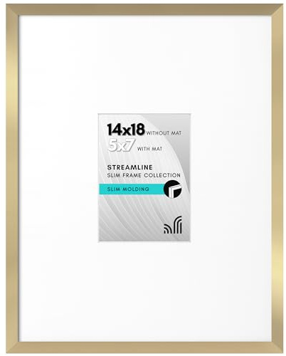 Americanflat 14x18 Picture Frame with Polished Plexiglass - Use as 5x7 Frame with Mat or Display 14x18 Photo Without Mat - Streamline Collection - Thin Border Picture Frames for Wall - Gold