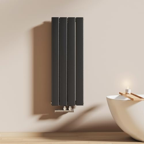 EMKE Radiateur à Eau Chaude 90x30 cm, Radiateur plat Double couche connexion centrale, Montage mural vertical design, Noir