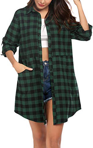 Hotouch Chemise à Carreaux Femme Chemise à Manches Longues Chemise Décontractée en Coton Patte de Boutonnage Col en V Veste à Carreaux Chemise de Bûcheron Grün XL