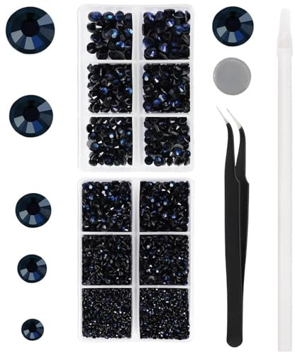 YHMQ DU 6616 Stück marineblaue Hotfix-Strasssteine, Kristallglas-Edelsteine für Trinkgläser, Kleidung, Hemden, Bling, flache Rückseite, rund, mit Pinzette und Picking-Stift (Set SS6–SS30)