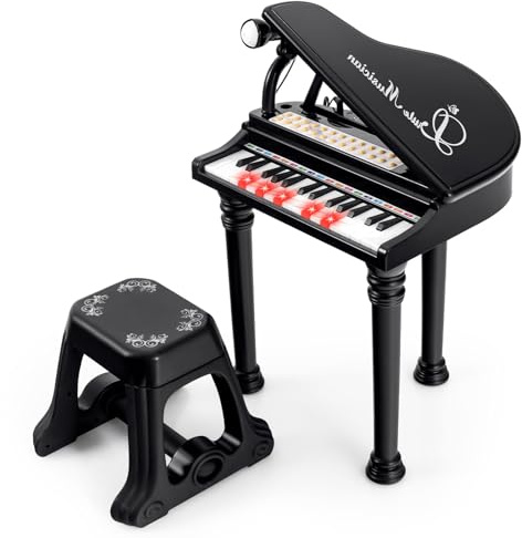 KOMFOTTEU 31 Tasten Kinderklavier Set, Elektronisches Klavier mit Mikrofon & Hocker, E-Piano Klaviertastatur mit 8 Percussionseffekte & 4 Begleitstile, Keyboard für Kinder ab 3 Jahren (Schwarz)