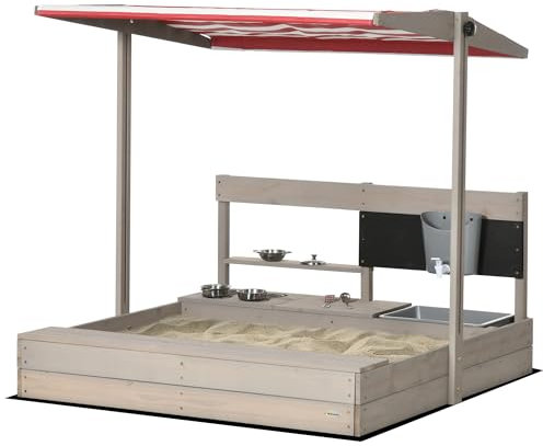 Outsunny Arenero de Madera para Niños Arenero Infantil con Techo Regulable Banco Pizarra Juego y Juguetes de Cocina para Niños de 3-7 Años para Patio Terraza 114x110x110 cm Gris
